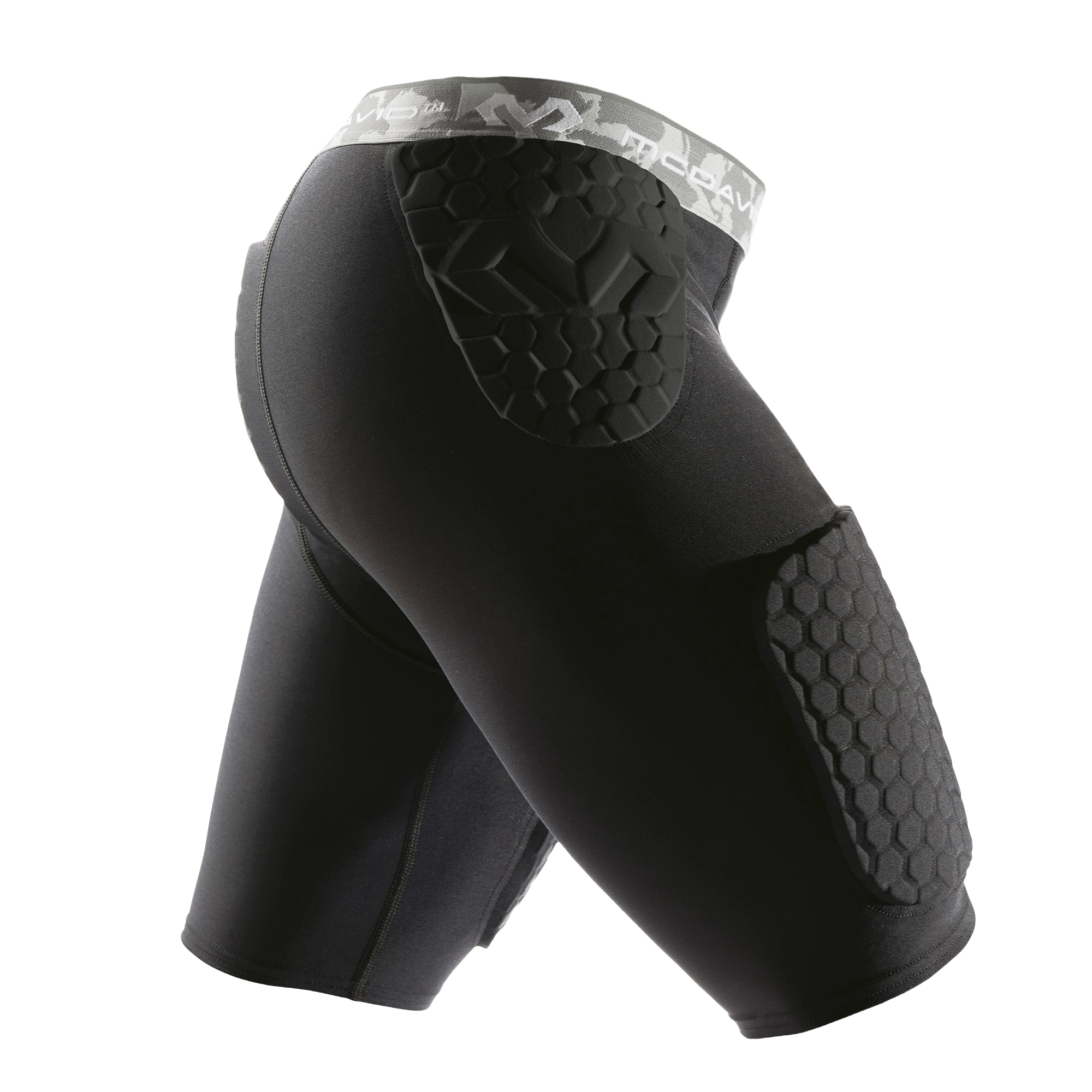 Black McDavid Hex Thudd 5-piece compression shorts with hexagonal padded protection on hips and thighs