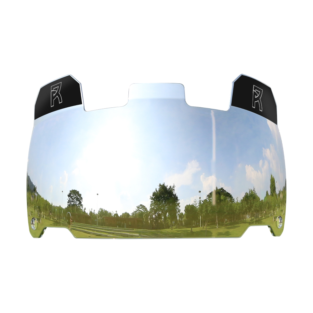 Reyrr Vision Clear Mirror football visor with high-impact polycarbonate, anti-fog and scratch-resistant coating, quick release, and facemask attachment.