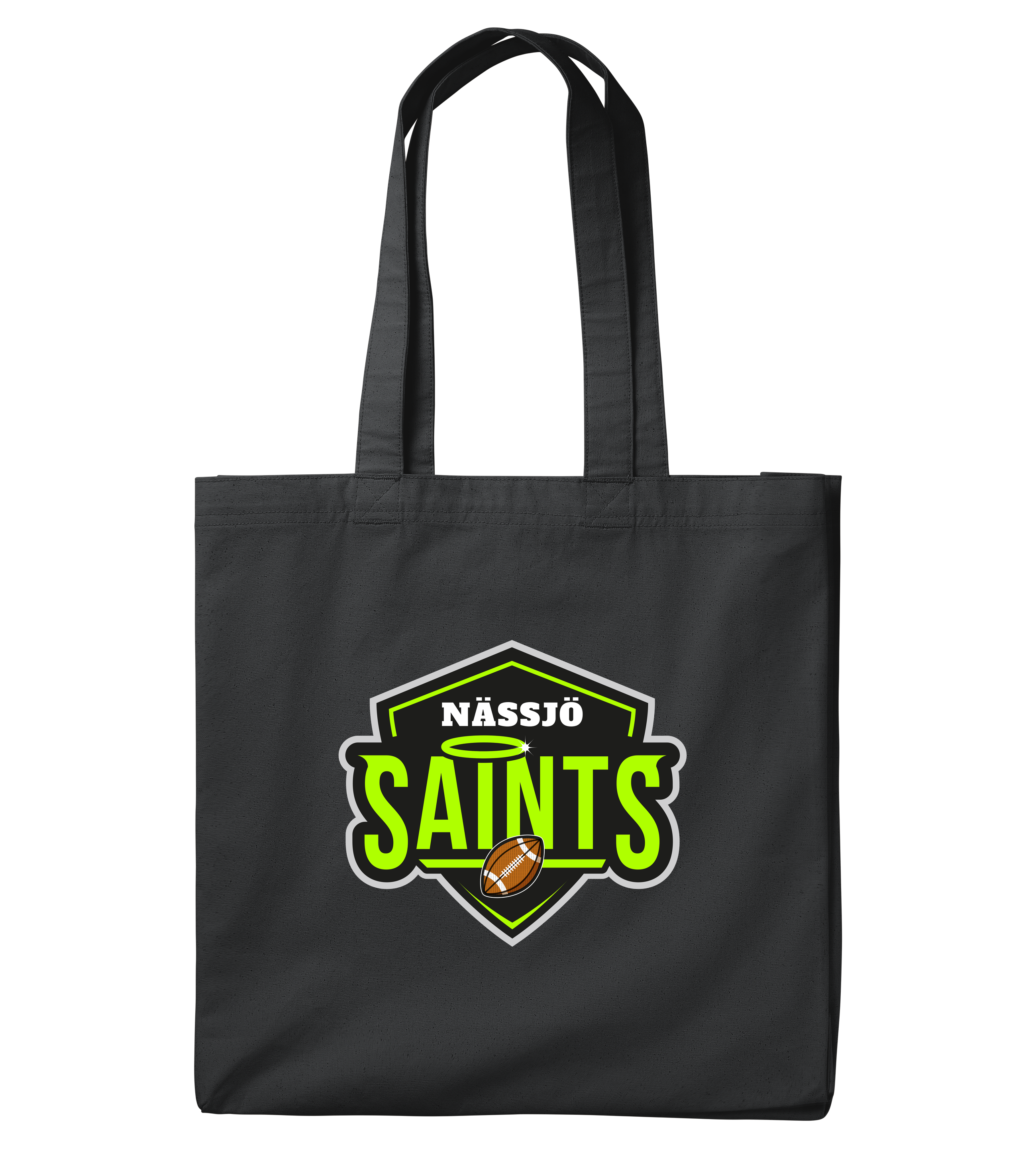 Black Nässjö Saints Canvas Tote Bag large with shaped bottom panel and wide cotton canvas handles