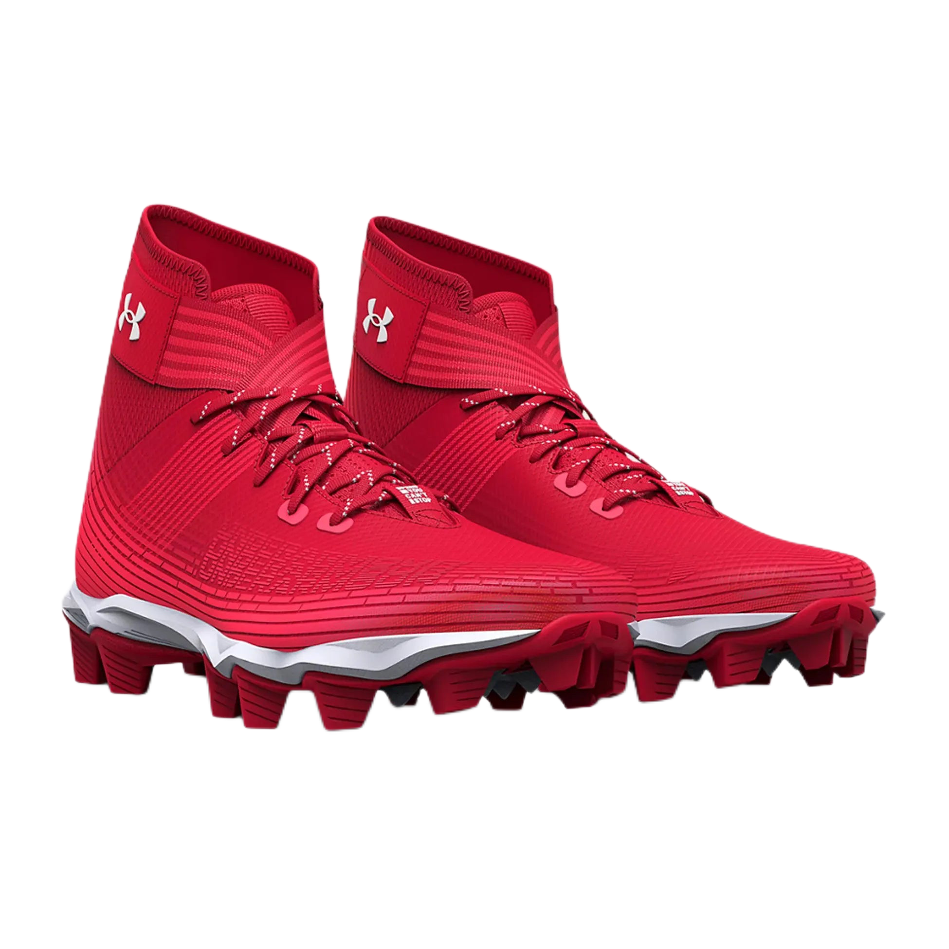 Red Under Armour Highlight football cleats with high-top design and aggressive rubber molded cleats for traction and support