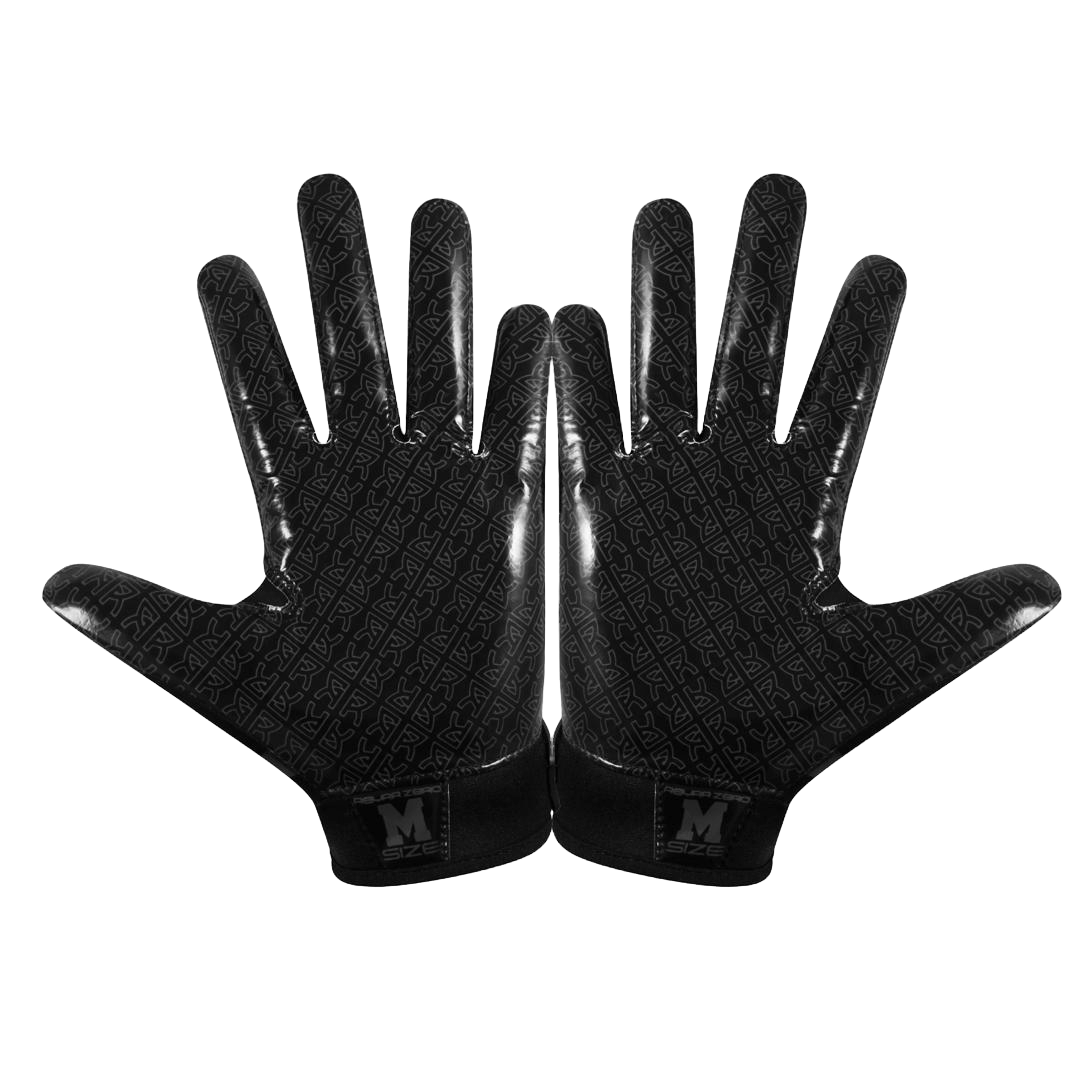 Black Reyrr Zero gloves with textured grip pattern, designed for football and floorball with breathable nylon back and durable silicone blend.