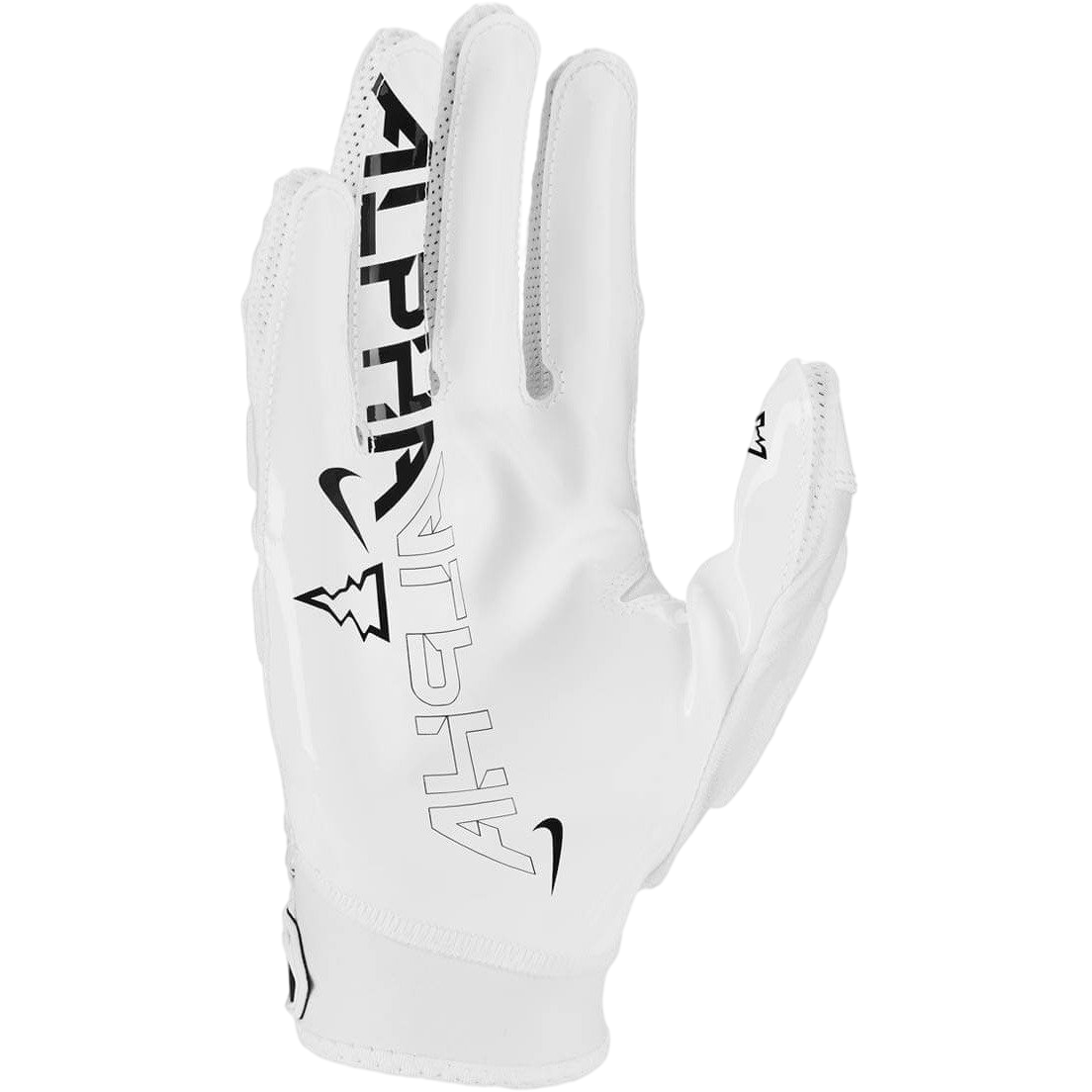 White Nike Superbad 6.0 football glove with Alpha graphic and Magnigrip palm technology.