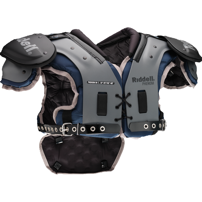 Riddell Phenom Skill football shoulder pads with air management liner, flat pad design, corrugated arches, removable back plate, and PVC belt strap.