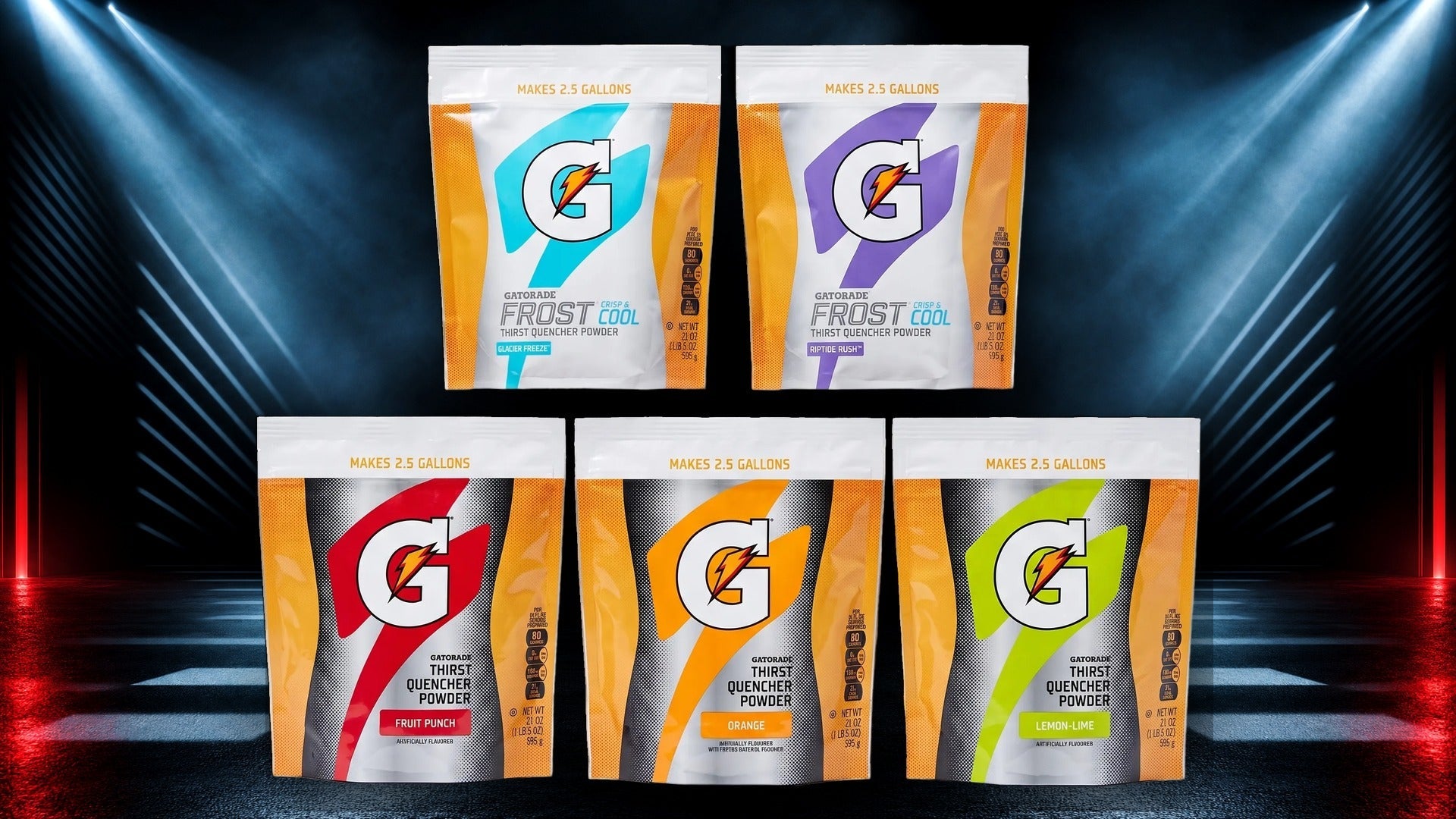 Five Gatorade Thirst Quencher powder pouches available from Reyrr Athletics in Europe