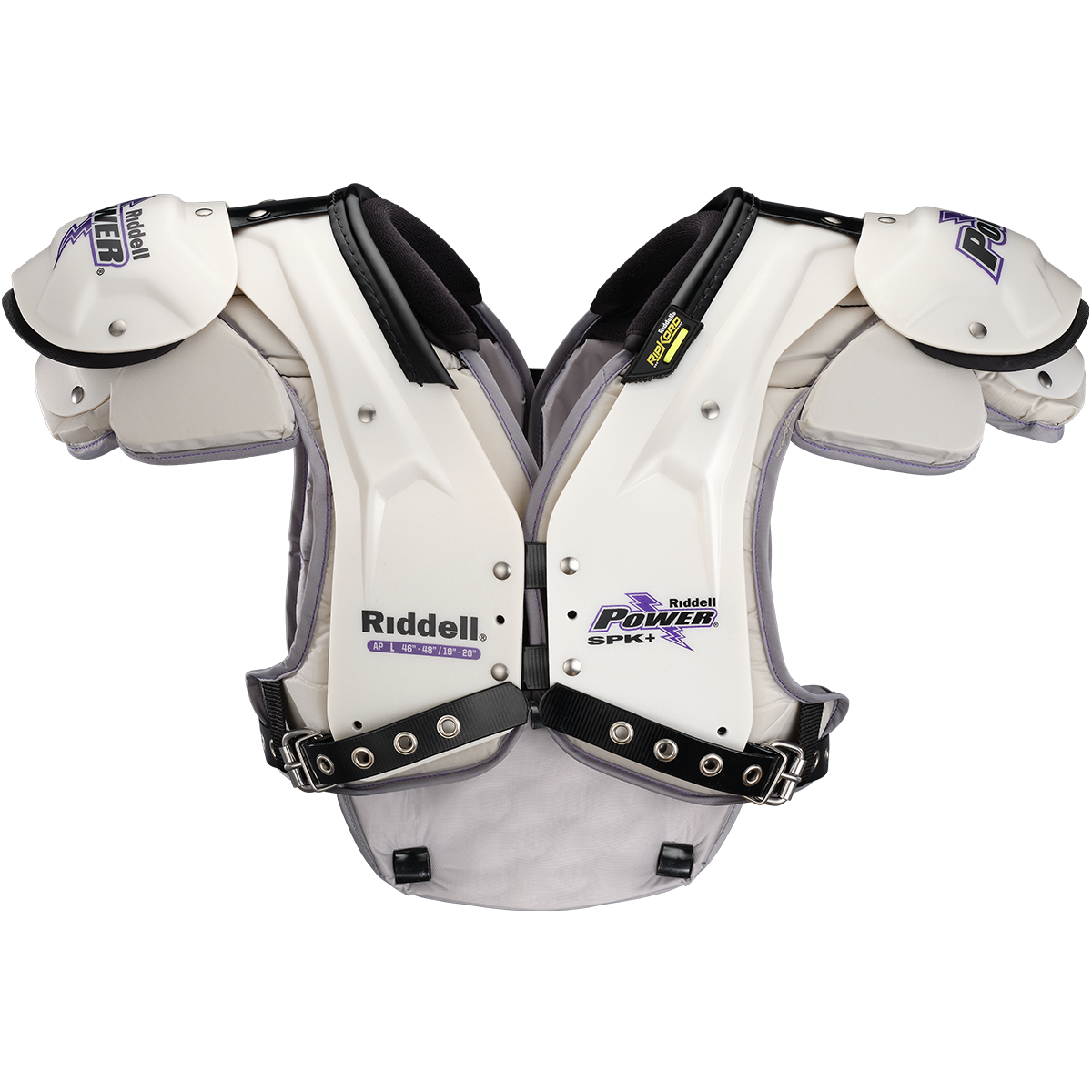 Riddell SPK+ AP 2024 football shoulder pads with RipKord removal, STAC shoulder system, and swivel fronts.