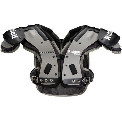 Riddell Smoke SK football shoulder pads with flat pad design, swivel front, swim cut arches, and back plate included.