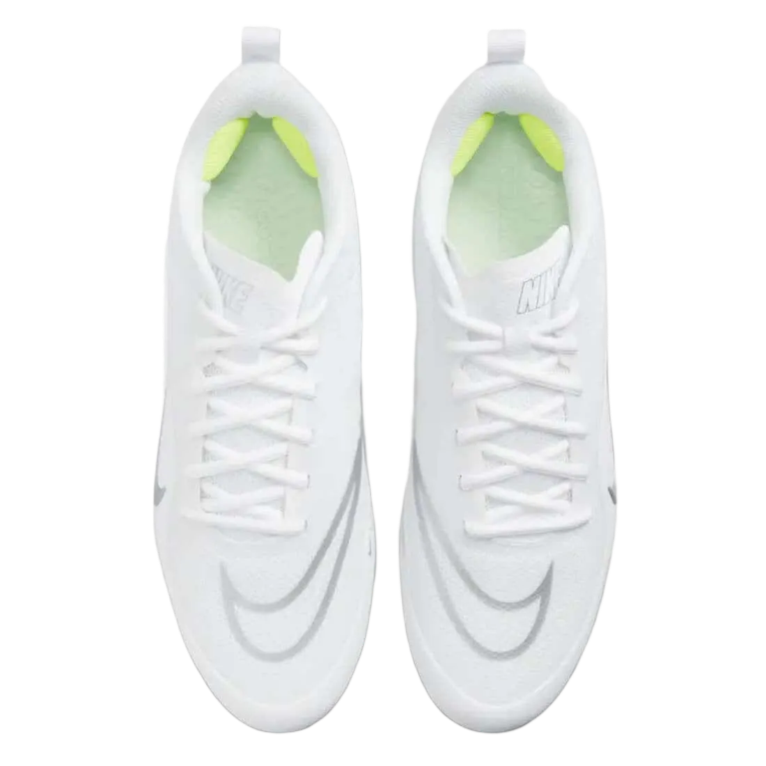 Top view of white Nike Alpha Huarache 8 Pro sports shoes with grey swoosh and neon green inner padding
