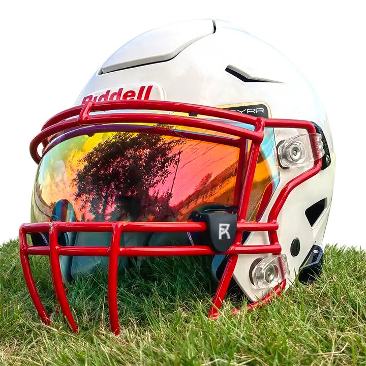 Reyrr VIZU Clear Inferno football visor with ultra-wide distortion-free red lens, compatible with Riddell Speedflex and Schutt F7 helmets, featuring breakage-resistant polycarbonate and UV protection.