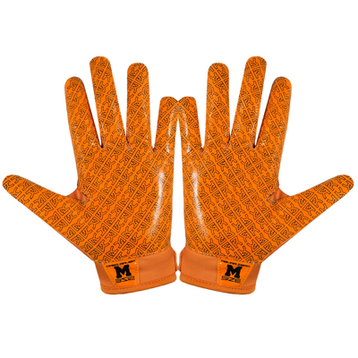 Reyrr ZERO orange football gloves detail showing GripTech palm and adjustable strap.