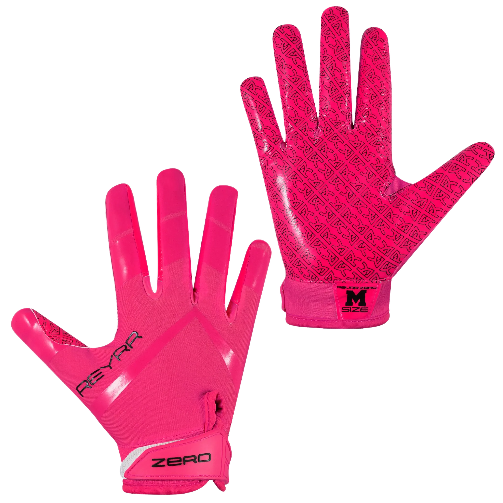 Reyrr ZERO pink football gloves with GripTech palm technology, vibrant design, adjustable strap, and neoprene cuff.