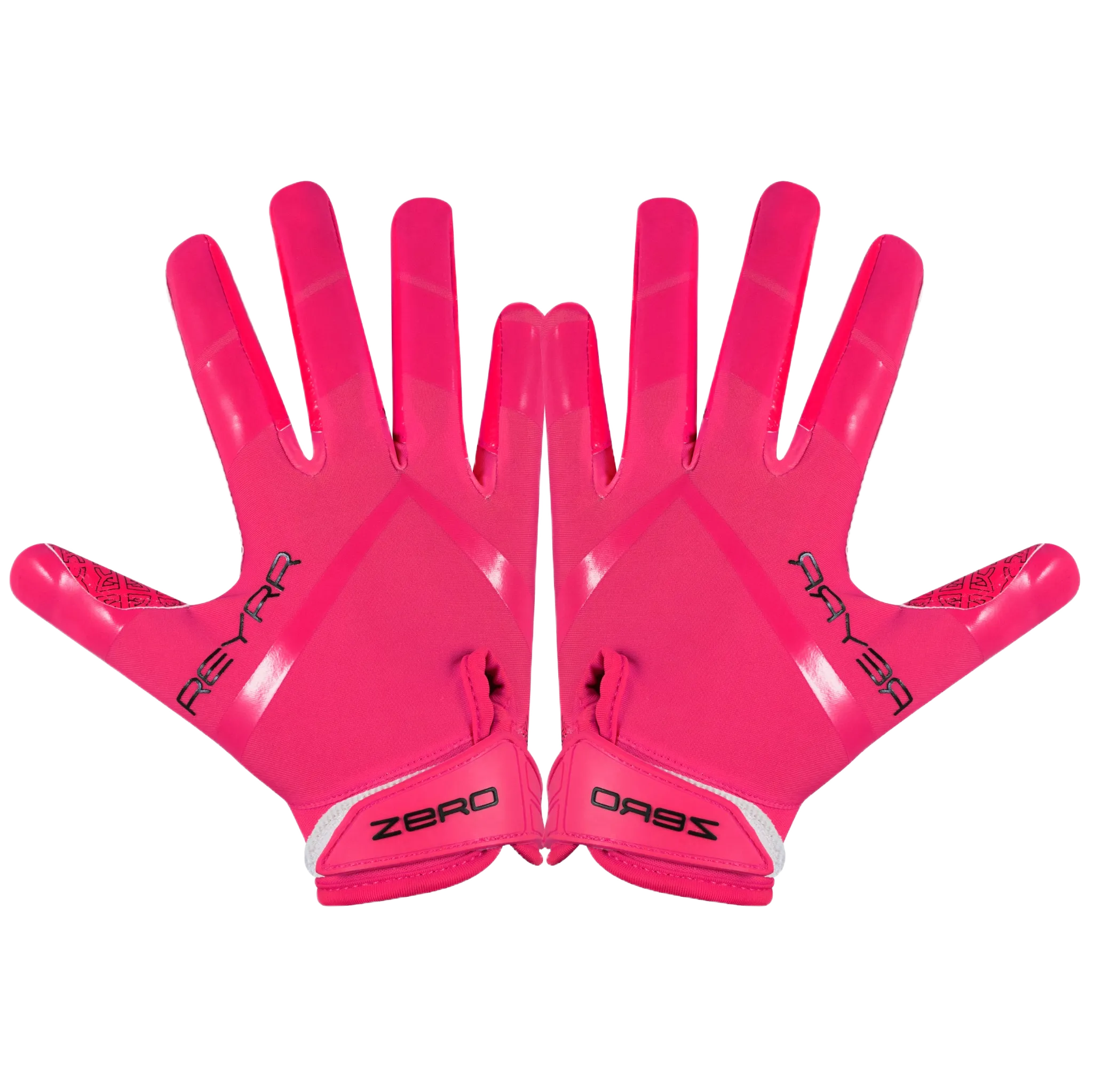 Reyrr ZERO bright pink football gloves with GripTech palm and adjustable neoprene cuff for secure fit and superior ball control.