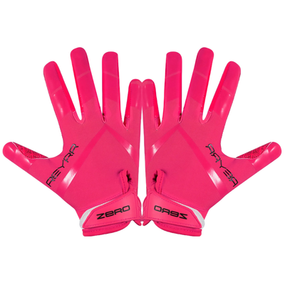 Reyrr ZERO bright pink football gloves with GripTech palm and adjustable neoprene cuff for secure fit and superior ball control.