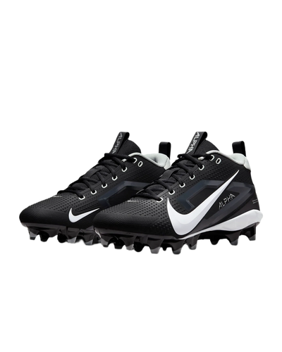Nike Alpha Menace Varsity 4 black football cleats with white swoosh and aggressive traction studs