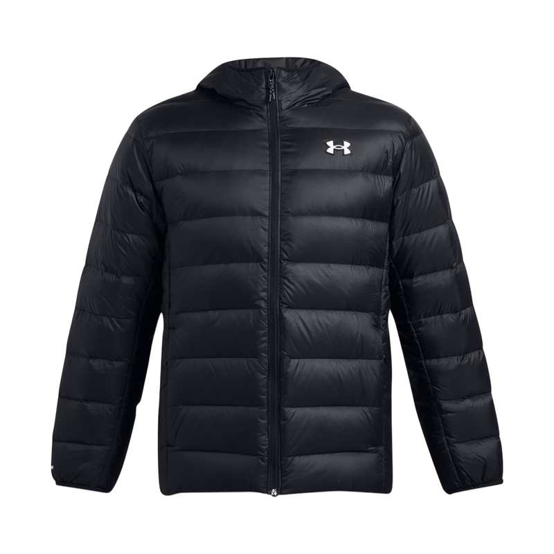 Black puffer jacket with Under Armour logo on a white background