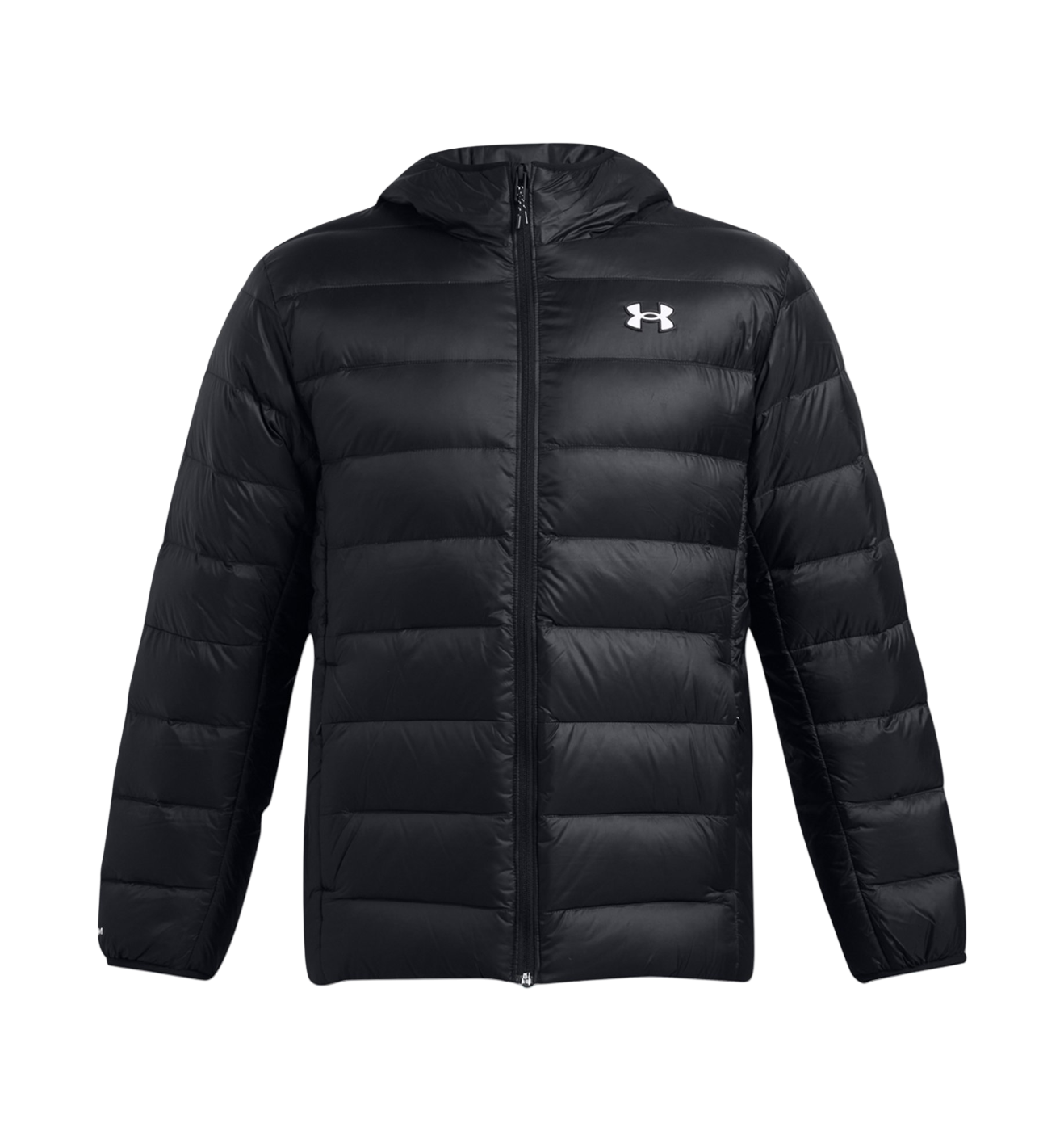 Black puffer jacket with Under Armour logo on a white background