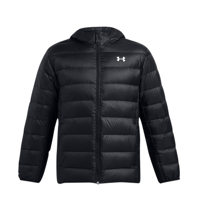 Black puffer jacket with Under Armour logo on a white background