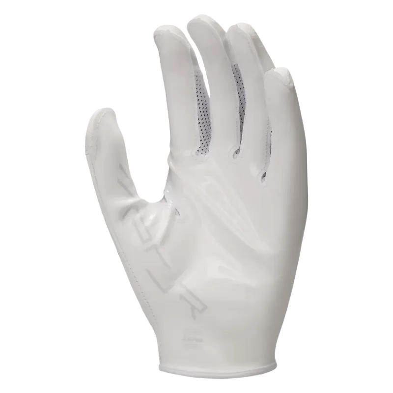 White Nike Vapor Jet 8.0 football glove with Magnigrip+ palms and breathable perforated fingers for enhanced grip and cooling.