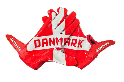 Reyrr ELITE Nordic Edition football gloves in Denmark flag design with Vapor-Stick Grip Technology and breathable, flexible material for all-weather performance.