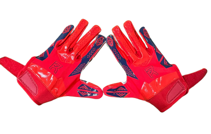 Reyrr ELITE Nordic Edition red and navy football gloves with Vapor-Stick Grip Technology for superior catch and breathability.
