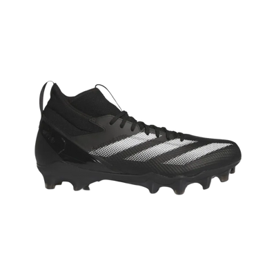 Black Adidas Adizero Impact Mid American football cleats with synthetic upper and cleated outsole, made with recycled materials.