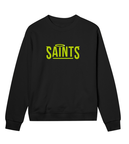 Nässjö Saints Women's Sweatshirt in black with lime green SAINTS logo, crewneck, ribbed cuffs and hem, made from organic cotton and recycled polyester blend.
