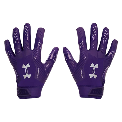 Under Armour F9 purple Color Rush football and floorball gloves with UA branding