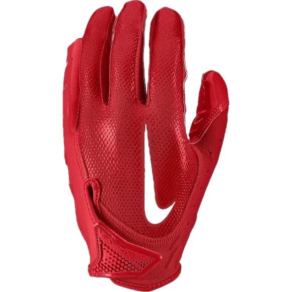 Red Nike Vapor Jet 7 football glove with breathable back, Magnigrip+ palm, and adjustable cuff for secure fit