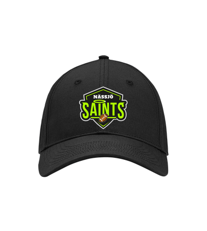 Black Nässjö Saints Baseball Cap with six panel design, durable cotton twill, hard brim, and adjustable velcro strap.