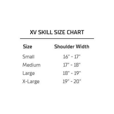 Schutt XV Skill shoulder pad size chart by shoulder width