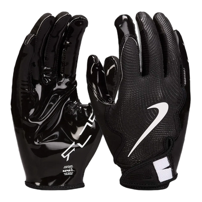 Nike Vapor Jet 8.0 football gloves with tacky Magnigrip+ palms, breathable back, and perforated fingers for enhanced grip and cooling.