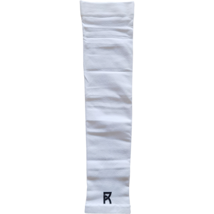 Reyrr Compression Arm Sleeves 2-pack breathable, elastic, UV protection sleeves in white made from nylon, spandex, and ice silk.