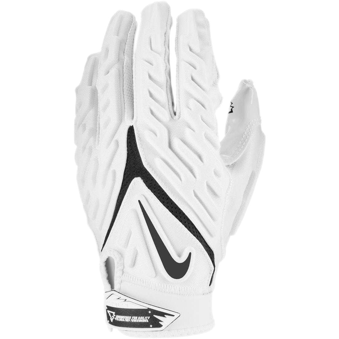 Nike Superbad 6.0 adult football glove in white with black Nike swoosh and textured grip palm.