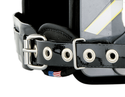 Close-up of the X-Tech X2 Shoulder Pad's adjustable black strap with silver buckle and breathable padding designed for lightweight, flexible protection.